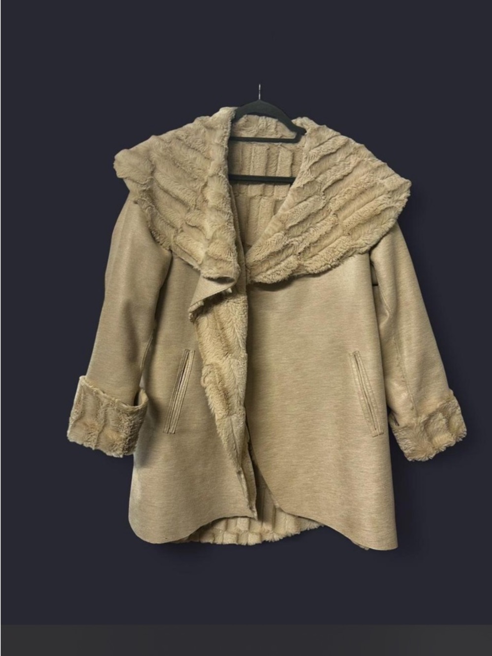 Vintage Chi Beige Faux Fur Jacket Small Cozy Hooded Open Front Coat